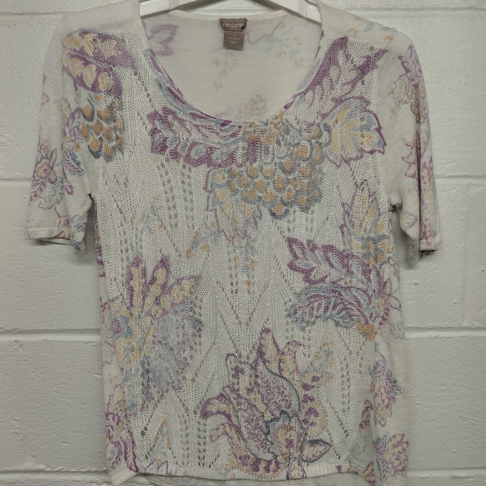 Chico's Floral Off-the-Shoulder Lightweight Sweater in White, Purple, Yellow